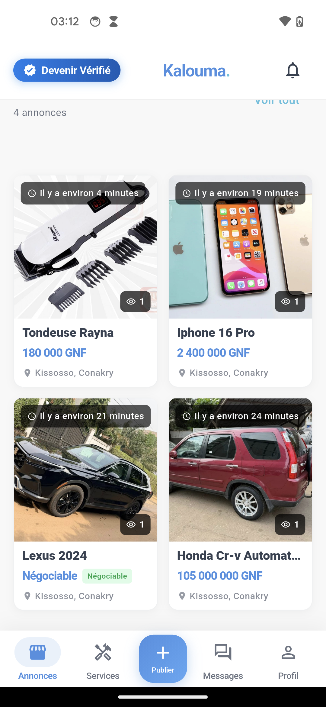 Ecran d'accueil Kalouma Market - Annonces en Guinee