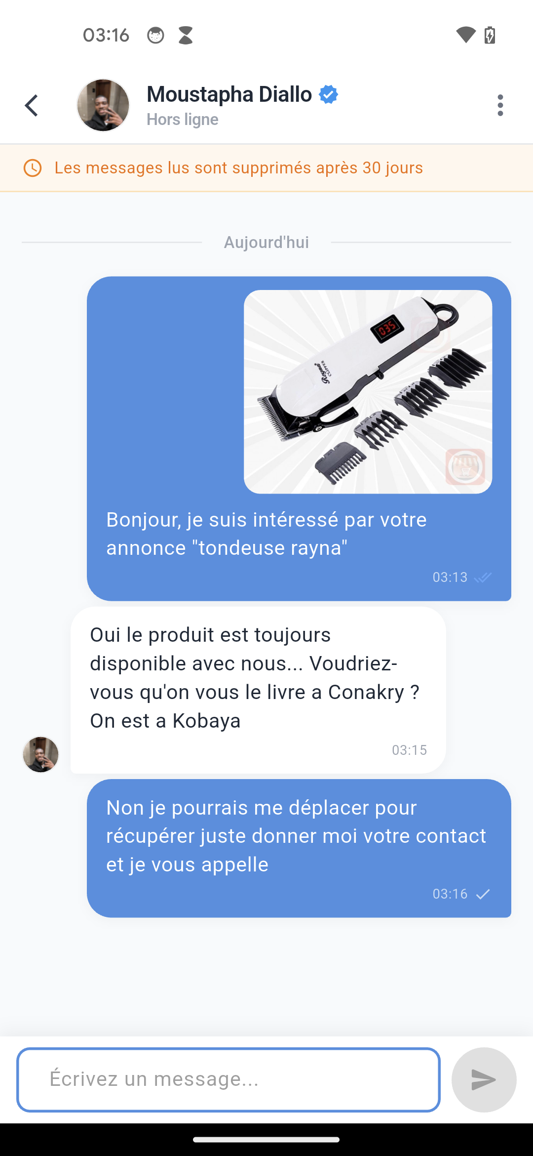 Messagerie instantanee entre acheteur et vendeur